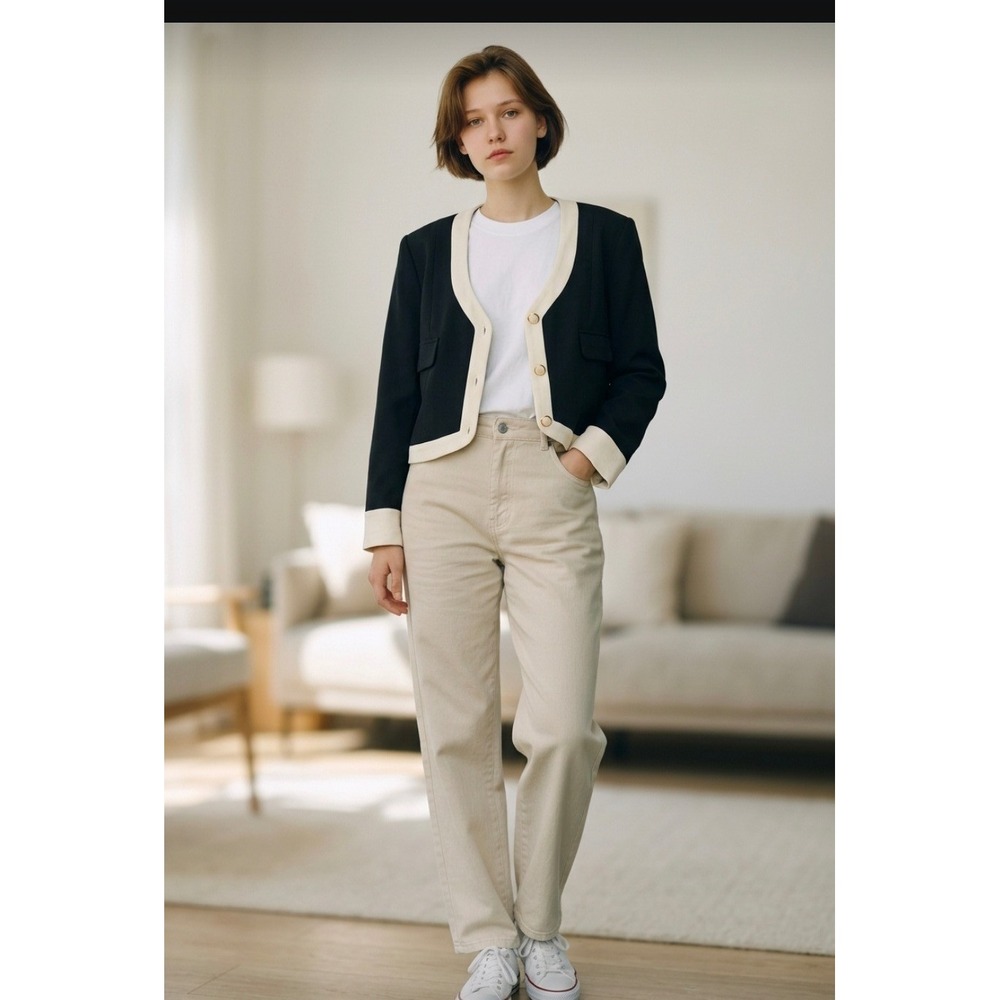 Bern and Mort Women Black Trim Cropped Blazer Jacket V-Neck Button Front